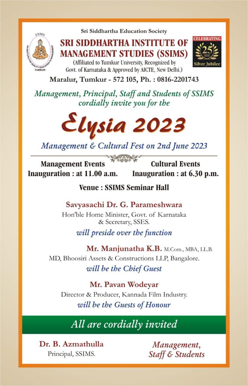 ELYSIA 2K23 On June 1st & 2nd  2023 @ MBA Seminar Hall, SSIT Campus