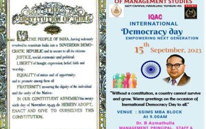 International Democracy Day on 15th September 2023 @ SSIMS MBA Block, Tumkur,