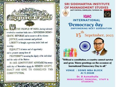 International Democracy Day on 15th September 2023 @ SSIMS MBA Block, Tumkur,