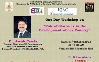 One Day Workshop on “Role of Start-ups in the Development of our Country” @ 11.00AM in SSIMS Seminar hall