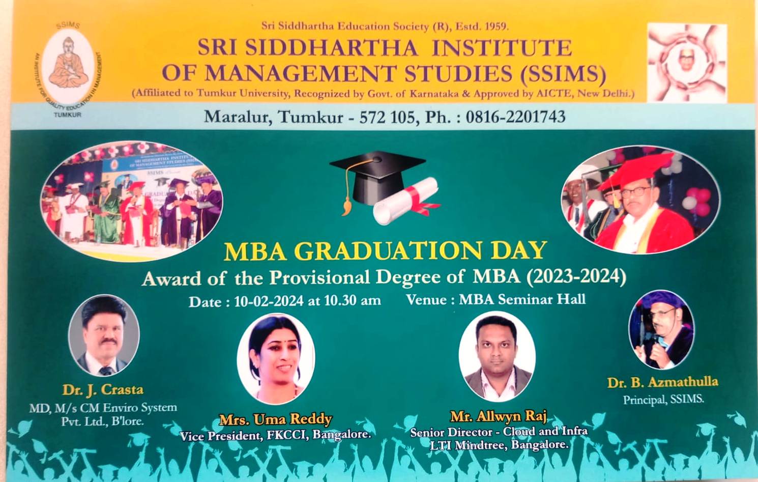 SSIMS – MBA Graduation Day 2024 on 10th Feb 2024 @ MBA Seminar Hall, Tumkur