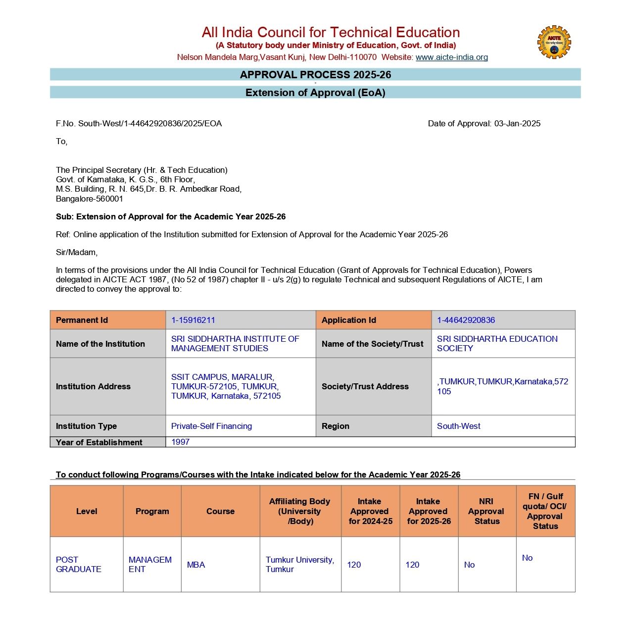 SSIMS – AICTE – EOA – 2025-26