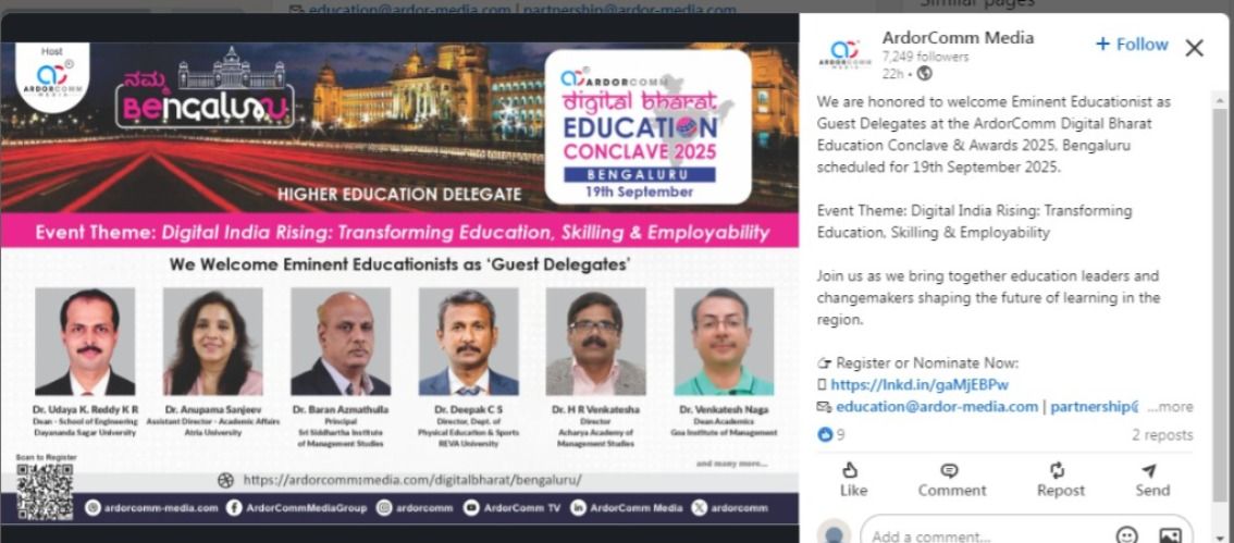 Eminent Educationist as Guest Delegates at the ArdorComm Digital Bharat Education Conclave & Awards 2025, Bengaluru scheduled for 19th September 2025.